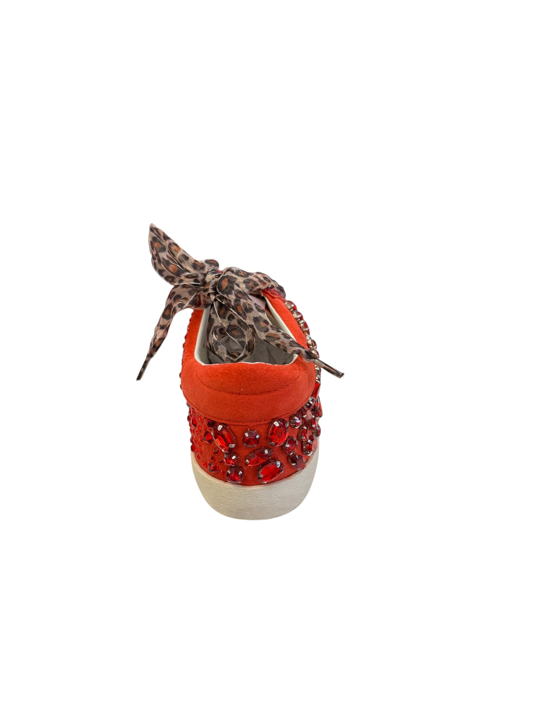 Back view of the GOLDIE sneakers showing the heel height, red rhinestones, and leopard shoelaces.