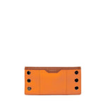 Orange and brown leather folding wallet with multiple card slots