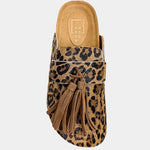 ShuShop Ariana leopard print hair-on leather mules with black fringe and buckle detail.