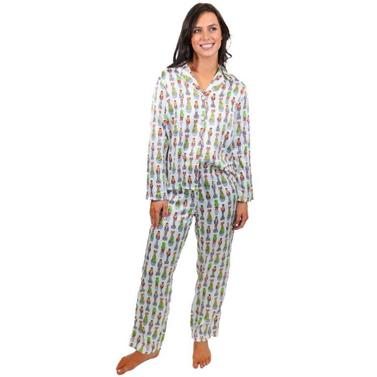 two piece satin pajama set with nutcrackers and Christmas trees
