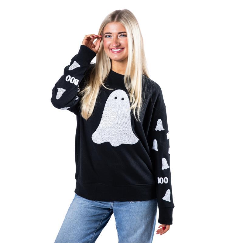 A black crewneck sweatshirt featuring a large white cartoon ghost graphic on the front. Down each sleeve, the word "BOO" is spelled out using smaller white ghost graphics.