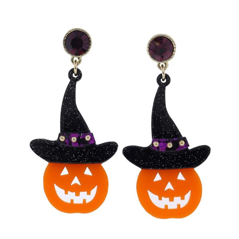 Acrylic jack-o-lantern in witches hat Halloween earrings set on purple stud
