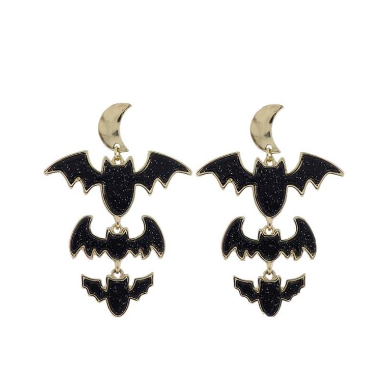 Golden crescent moon with cascade of black bat charms 