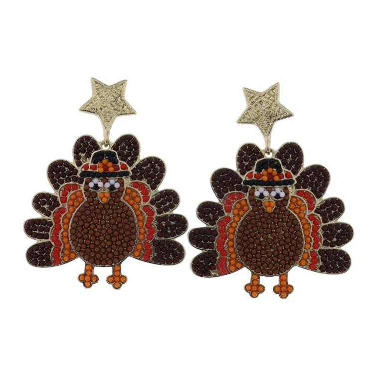 Turkey beaded Thanksgiving earring dangles set on gold stud