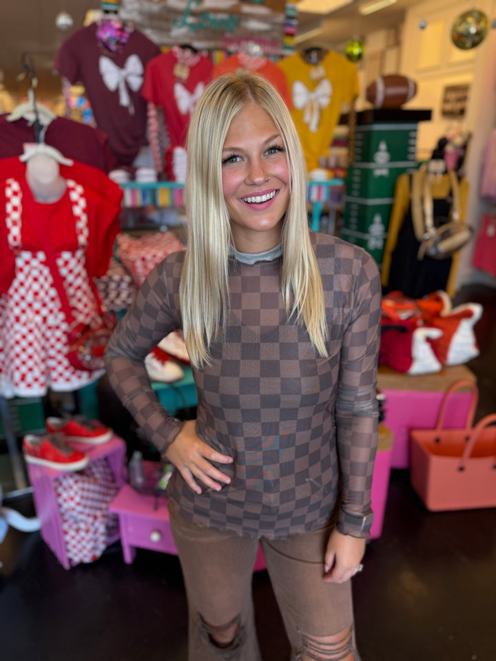 Keigan Chocolate Checkered Mesh Top