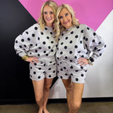 Grey and black polka dot pullover and drawstring shorts set with side pockets