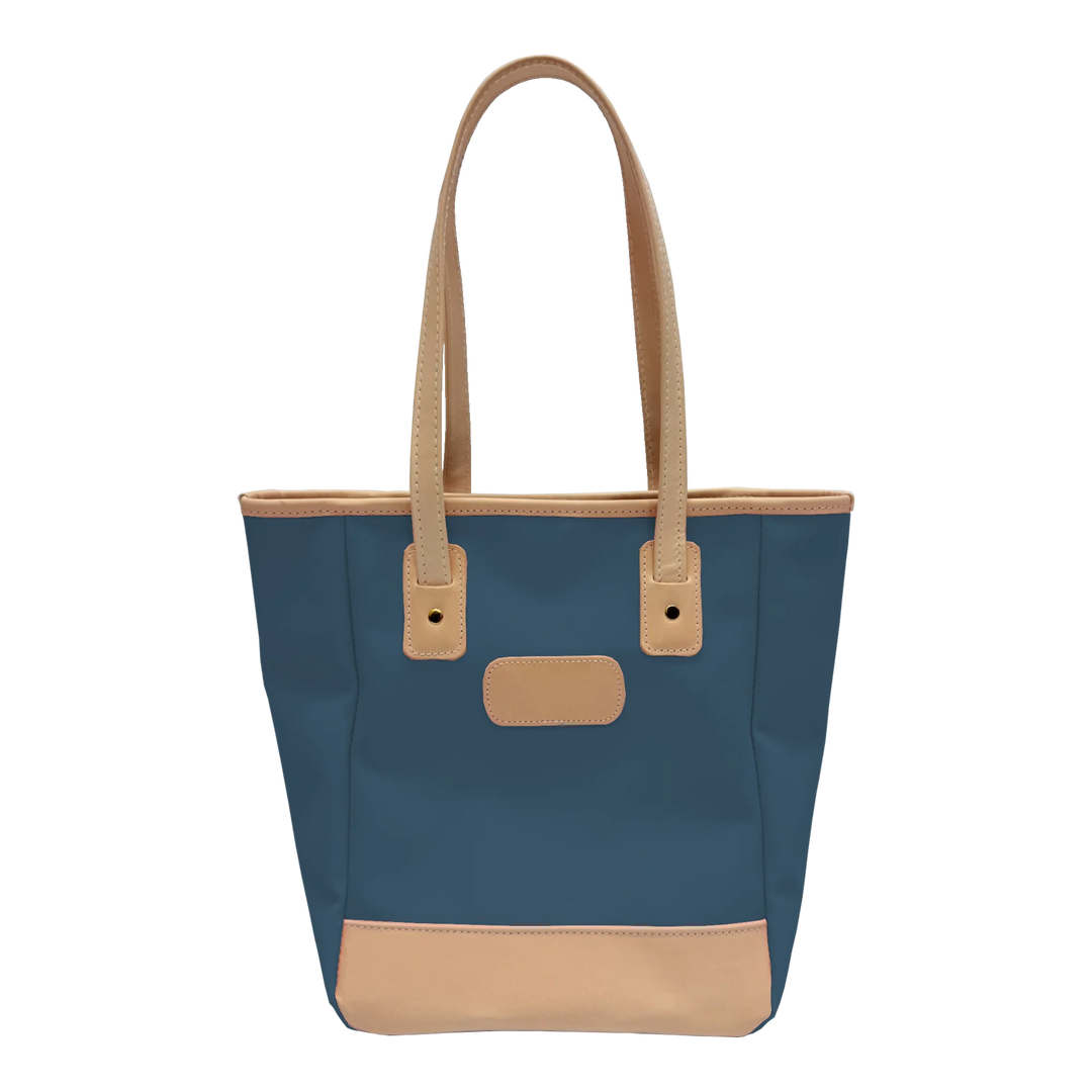Jon Hart Amelia Tote in french blue coated canvas with natural leather trim, padded laptop sleeve, trolley sleeve, and spacious interior pockets