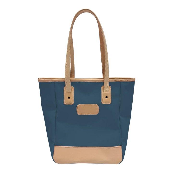 Jon Hart Amelia Tote in french blue coated canvas with natural leather trim, padded laptop sleeve, trolley sleeve, and spacious interior pockets