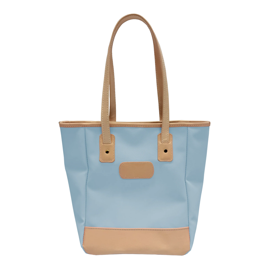 Jon Hart Amelia Tote in ice blue coated canvas with natural leather trim, padded laptop sleeve, trolley sleeve, and spacious interior pockets