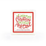 A festive, white, red and green, soap-infused sponge, with a whimsical label that reads "Merry Christmas Ya Filthy Animal." 