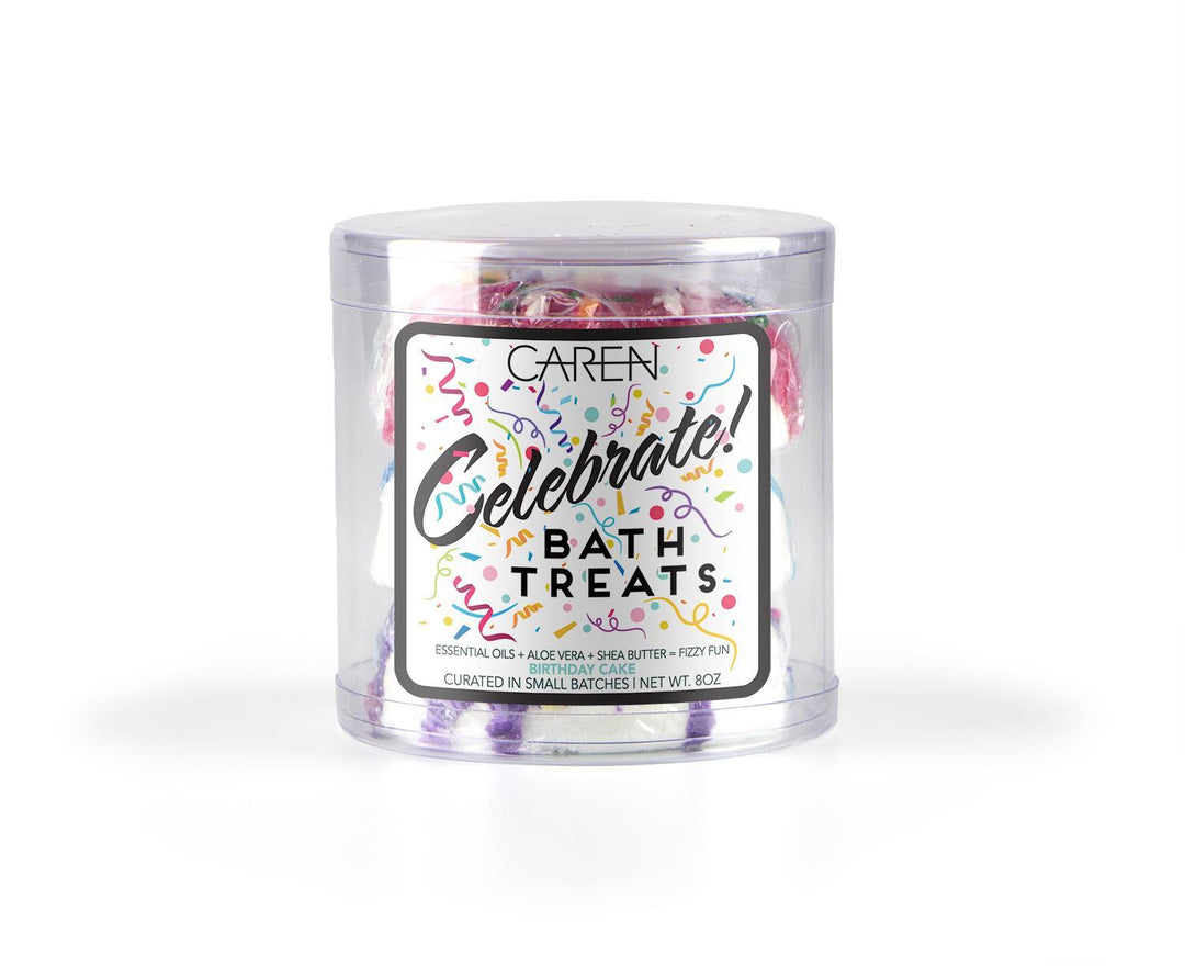 Three cheerful, round bath bombs in light, festive colors with colorful speckles.