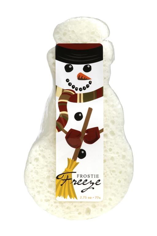 A crisp, cool-toned soap-infused sponge,  with a label that says "Frostie Freeze." 