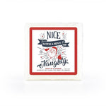 A playfully designed soap-infused sponge featuring a "Nice With A Hint Of Naughty" label.