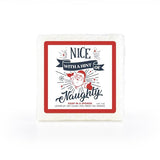 A playfully designed soap-infused sponge featuring a "Nice With A Hint Of Naughty" label.