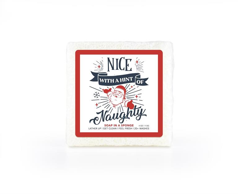 A playfully designed soap-infused sponge featuring a "Nice With A Hint Of Naughty" label.
