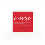 A white soap-infused perfumed sponge with nurse on the top.