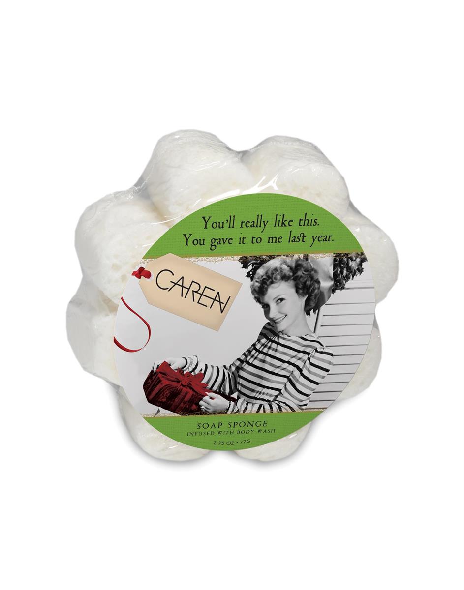 A soap-infused sponge with a label that reads "You'll Really Like This Gift. You gave it to me last year."