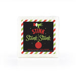 A humorously themed soap-infused sponge, featuring a label that says "Stink Stank Stunk."