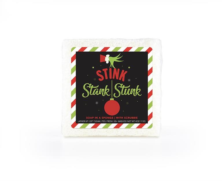 A humorously themed soap-infused sponge, featuring a label that says "Stink Stank Stunk."