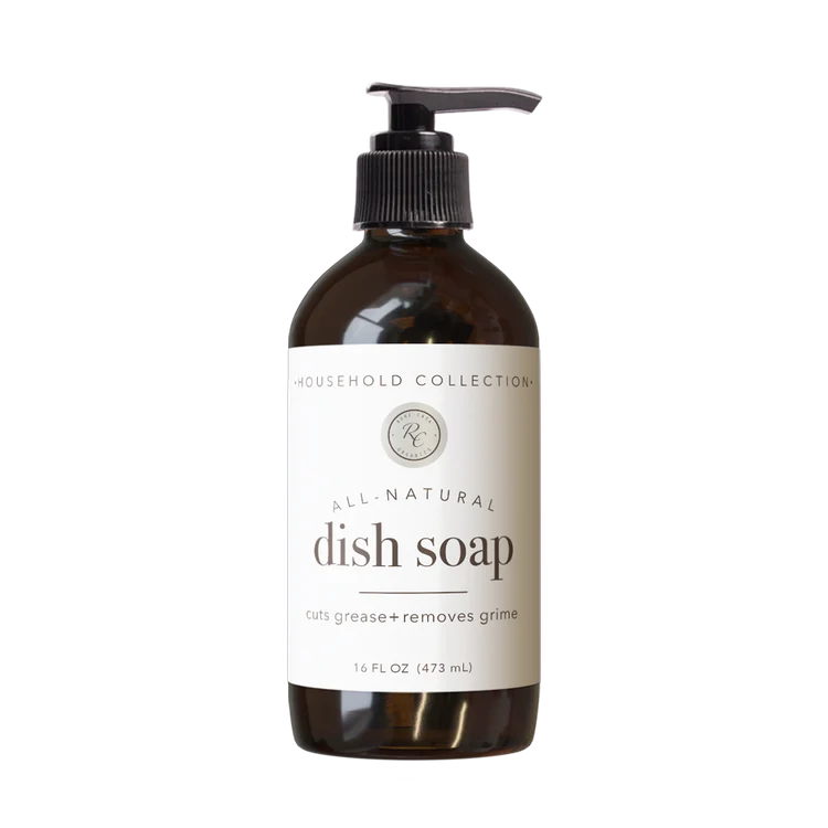 Natural dish soap with plant-based ingredients and citrus essential oils that cuts grease and cleans dishes effectively.
