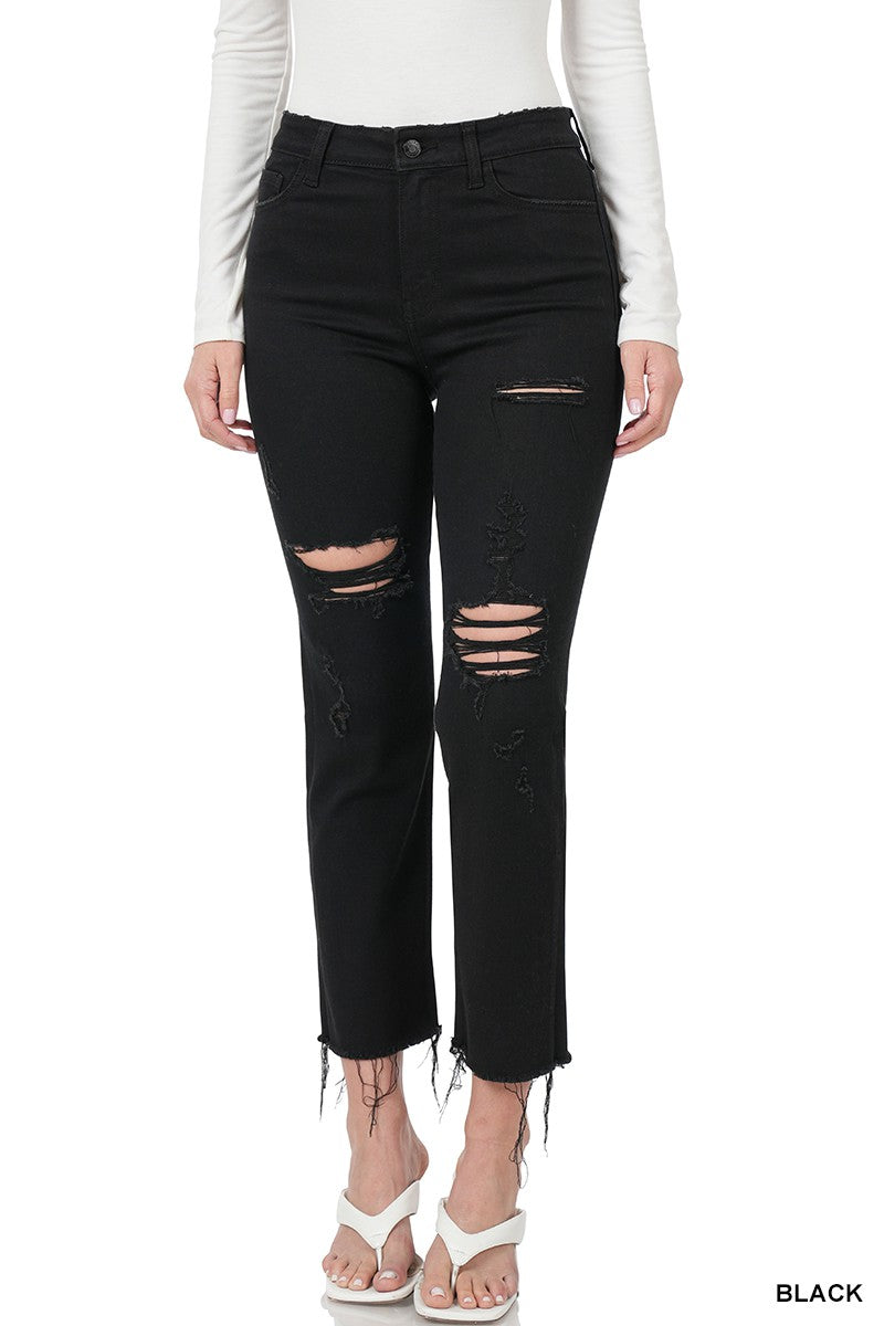 Zenana black distressed cropped denim jeans with high rise, cropped inseam, and comfortable stretch fit.