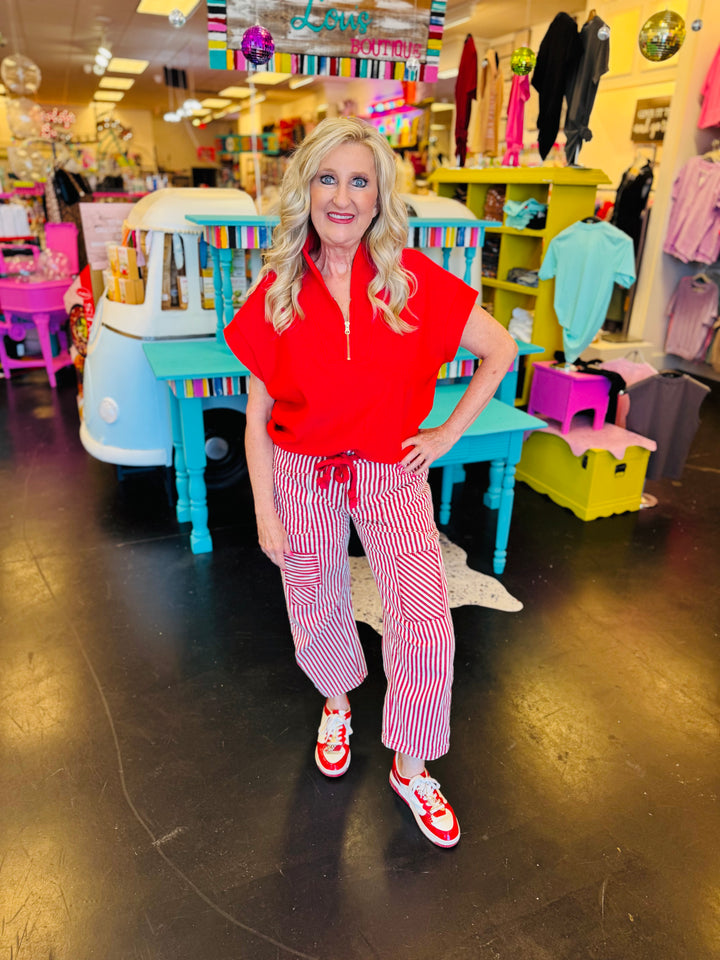 Red Ribbed Half Zip Top