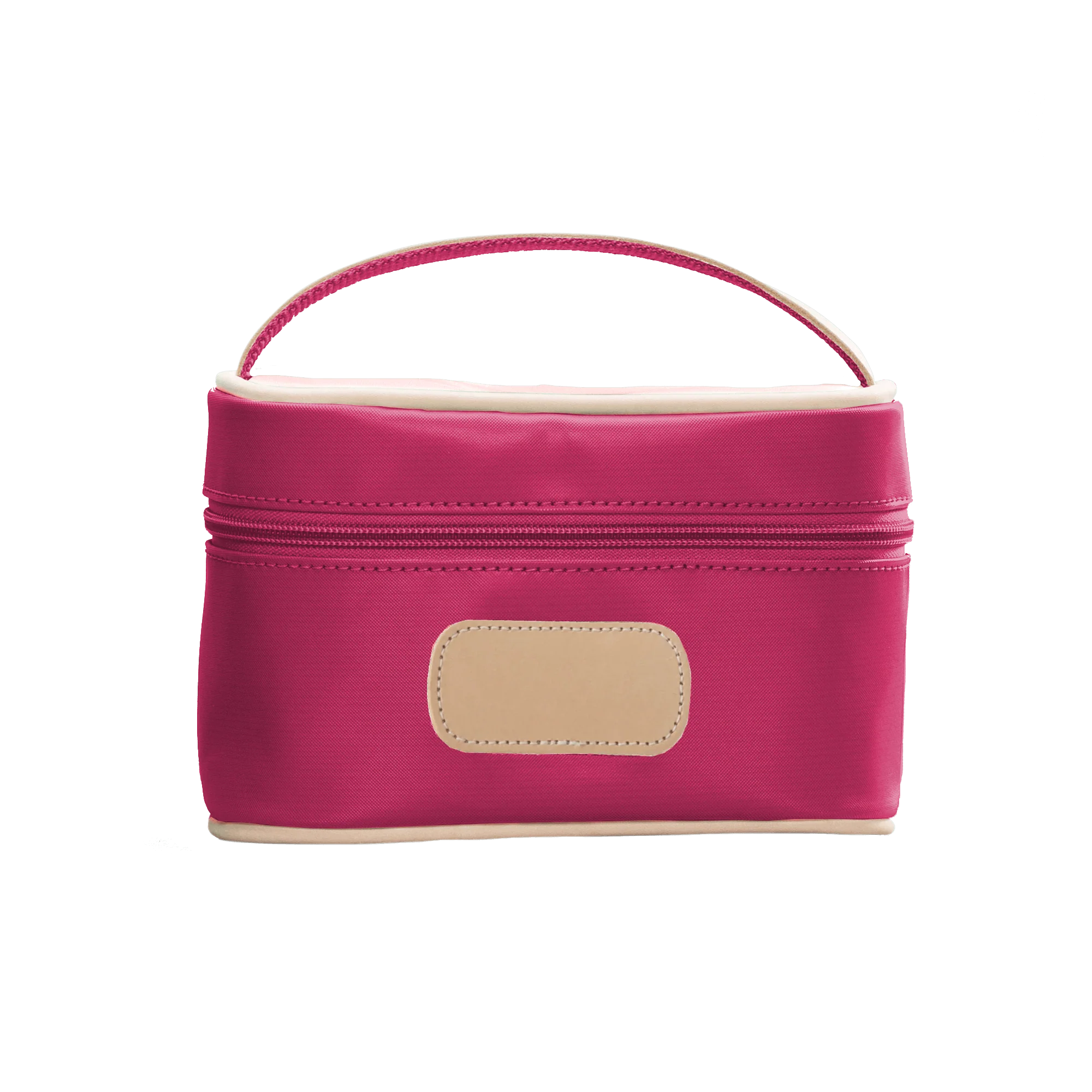 A Berry colored Jon Hart mini makeup case with natural leather trim and a leather patch for personalization.