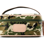 A camo colored Jon Hart mini makeup case with natural leather trim and a leather patch for personalization.