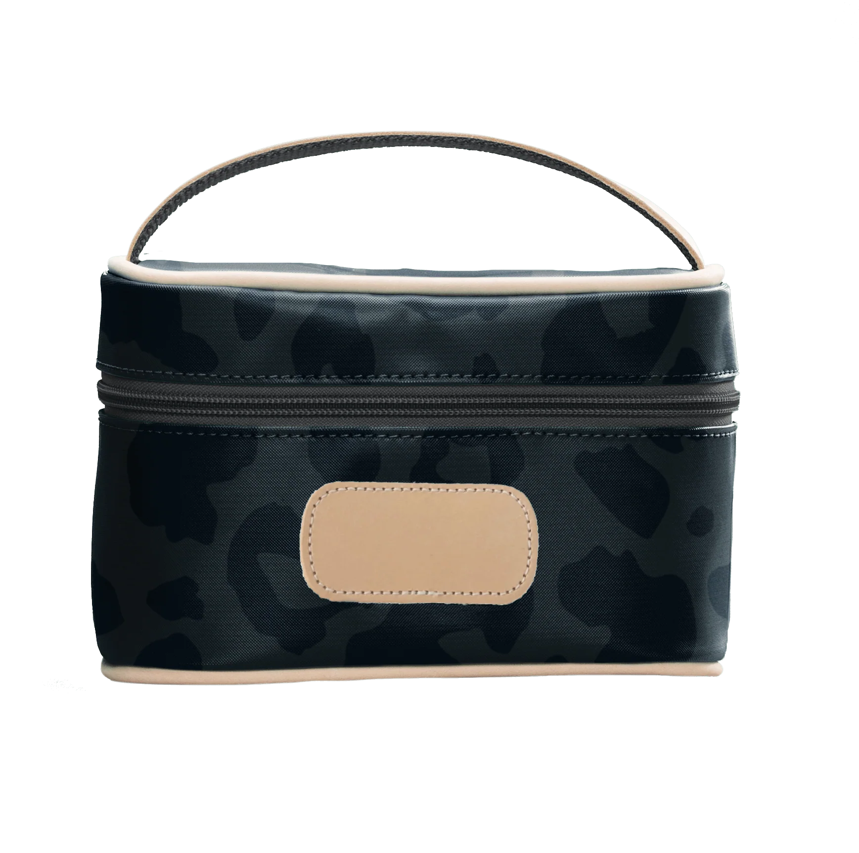 A dark leopard colored Jon Hart mini makeup case with natural leather trim and a leather patch for personalization.