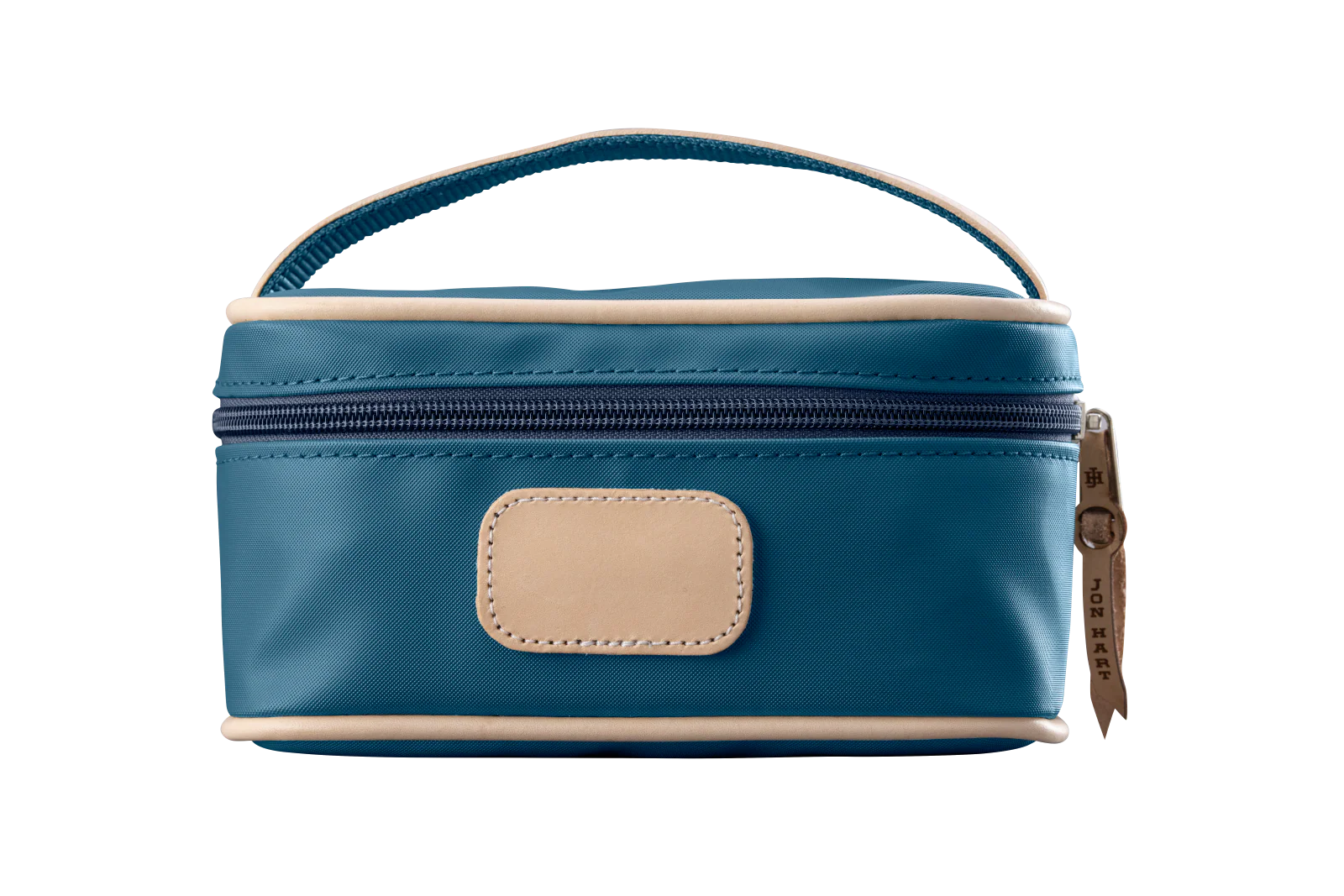 A french blue colored Jon Hart mini makeup case with natural leather trim and a leather patch for personalization.