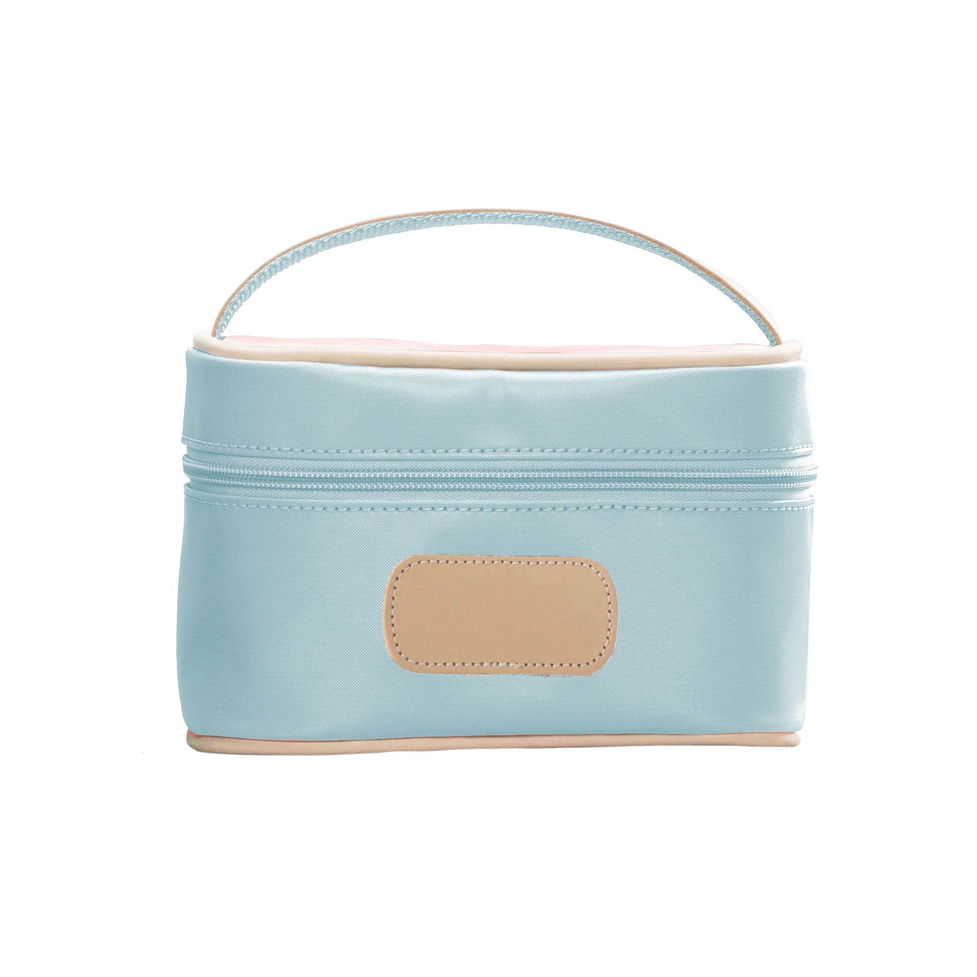 An ice blue colored Jon Hart mini makeup case with natural leather trim and a leather patch for personalization.
