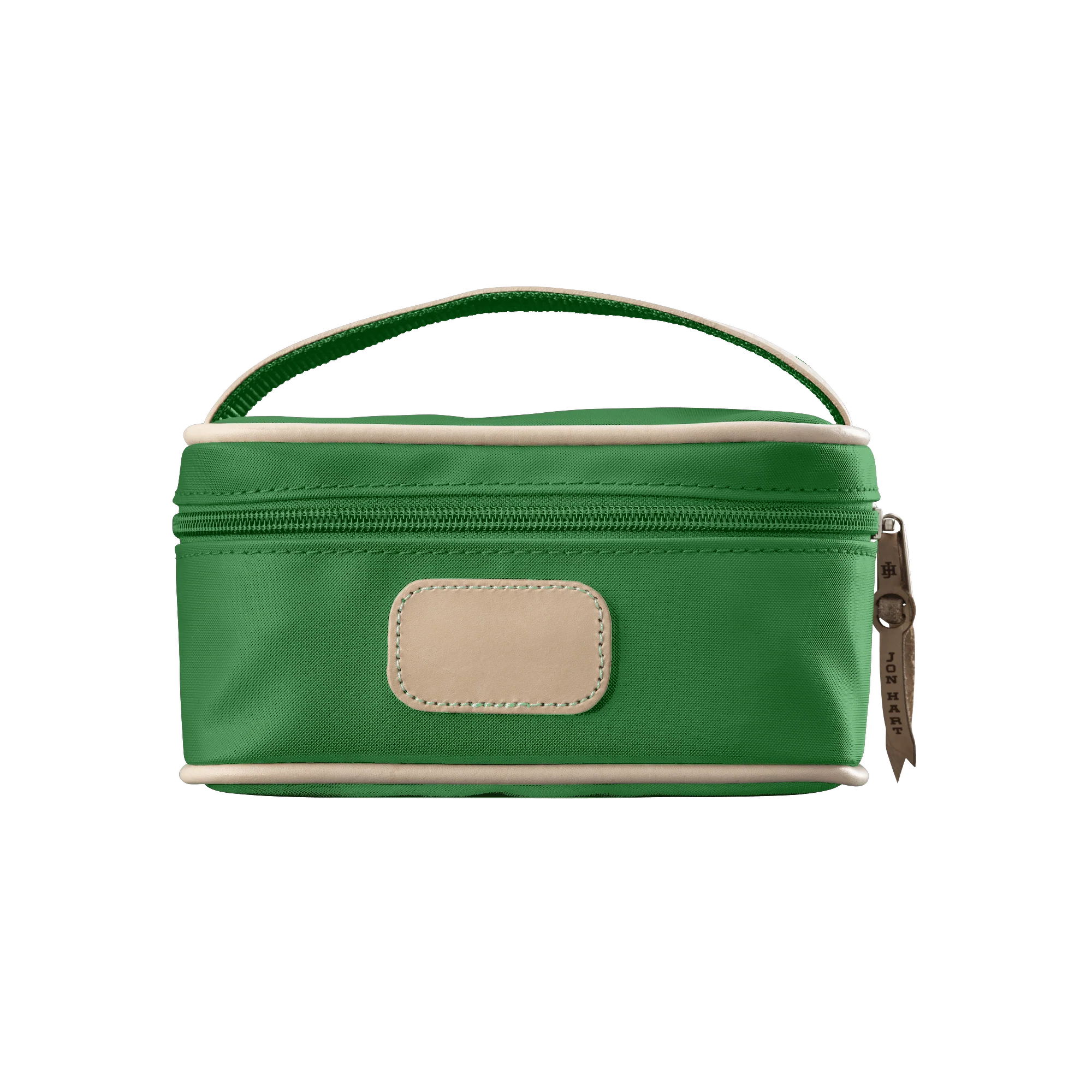 A kelly green colored Jon Hart mini makeup case with natural leather trim and a leather patch for personalization.