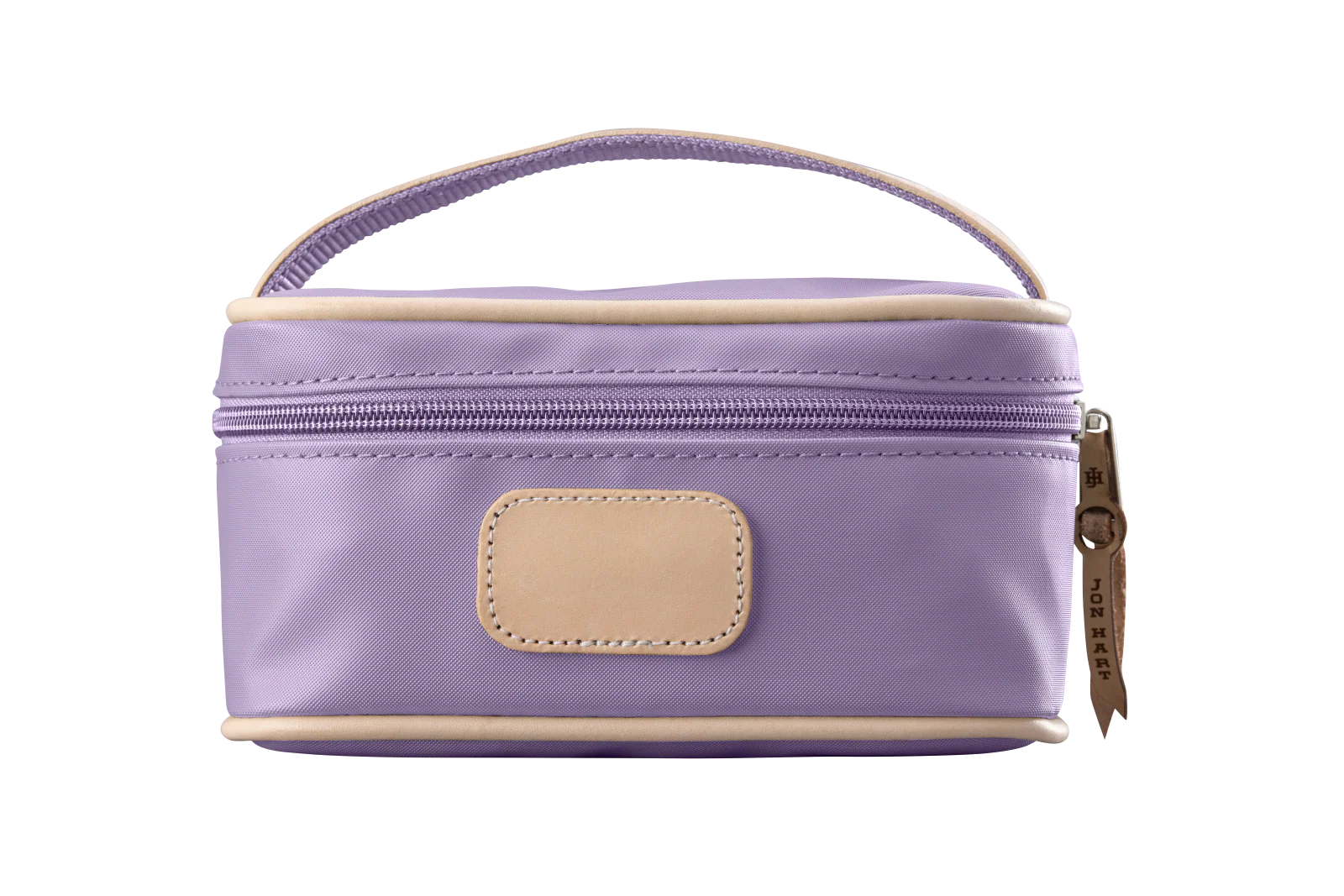 A lilac colored Jon Hart mini makeup case with natural leather trim and a leather patch for personalization.