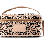A leopard colored Jon Hart mini makeup case with natural leather trim and a leather patch for personalization.