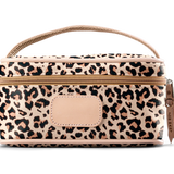 A leopard colored Jon Hart mini makeup case with natural leather trim and a leather patch for personalization.