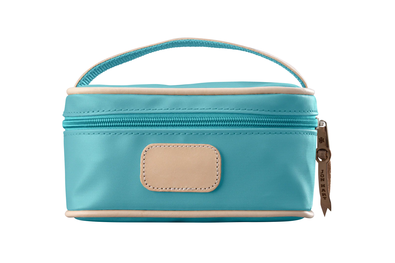 An ocean blue colored Jon Hart mini makeup case with natural leather trim and a leather patch for personalization.