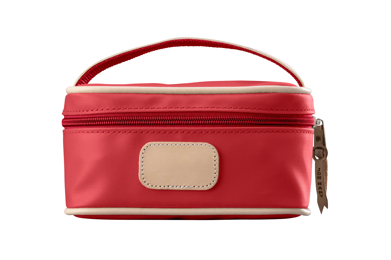A red colored Jon Hart mini makeup case with natural leather trim and a leather patch for personalization.