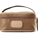 A saddle colored Jon Hart mini makeup case with natural leather trim and a leather patch for personalization.