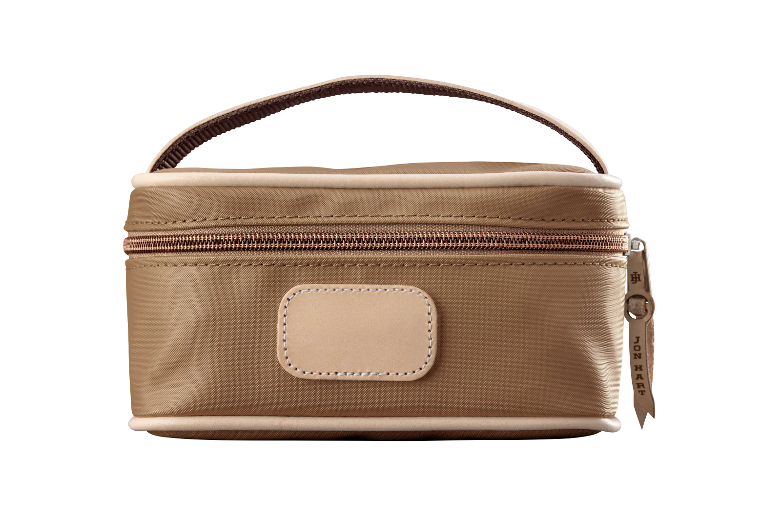 A saddle colored Jon Hart mini makeup case with natural leather trim and a leather patch for personalization.