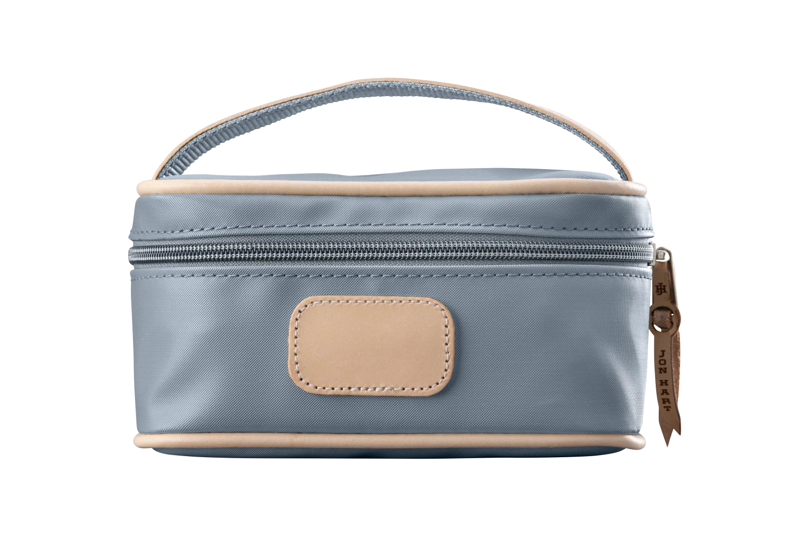 A slate colored Jon Hart mini makeup case with natural leather trim and a leather patch for personalization.