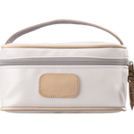 A white colored Jon Hart mini makeup case with natural leather trim and a leather patch for personalization.