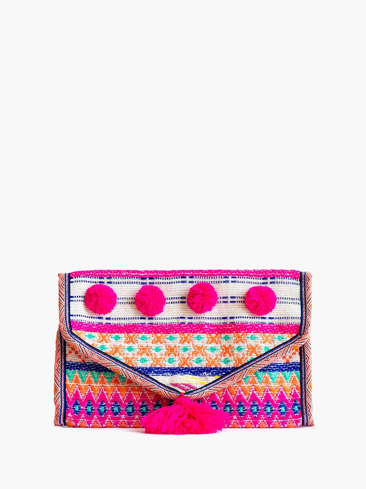 A multicolored geometric-patterned jewelry case with a snap envelope closure and decorative tassel details.
