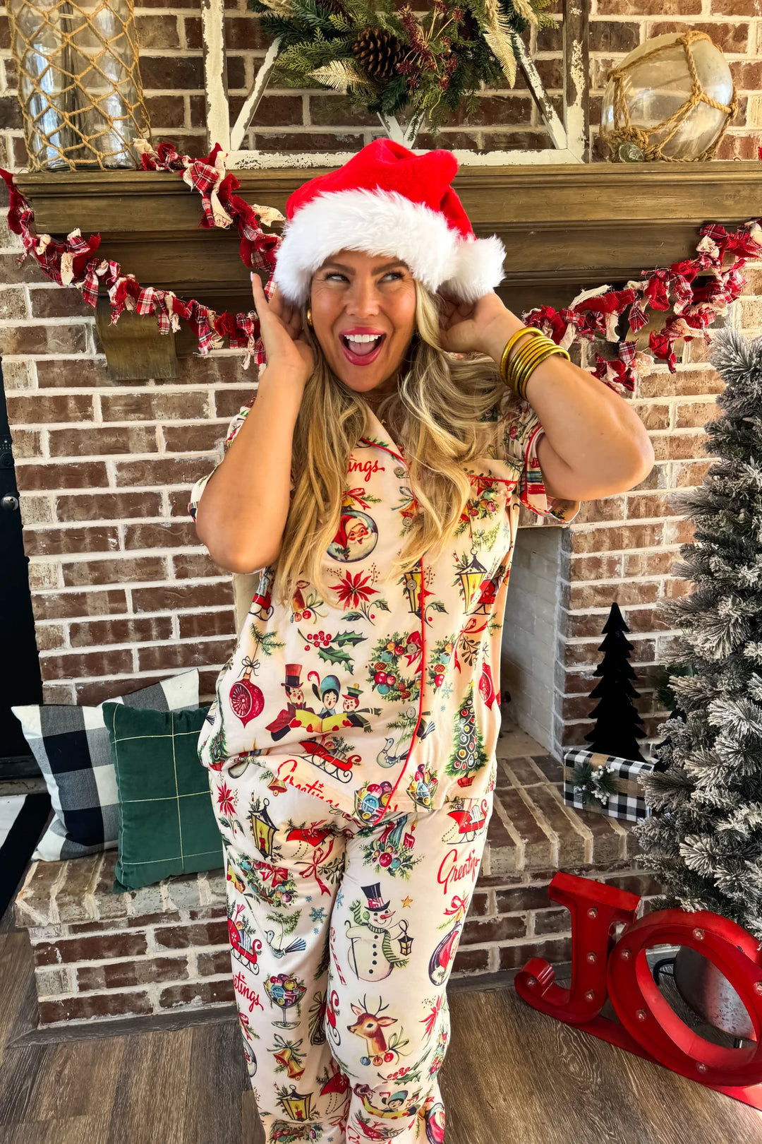 Luxe Christmas Pajama lounge set with vintage Christmas design