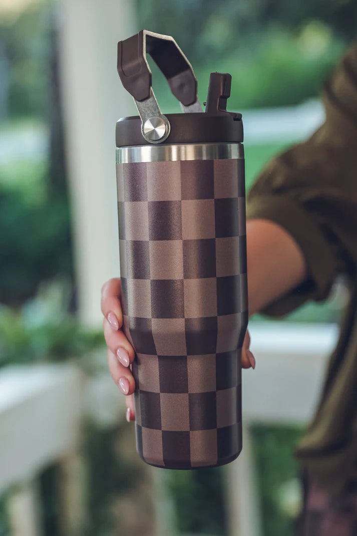 30oz chocolate checkered travel tumbler with screw-on lid, convenient handle, and car cup holder–friendly base. 