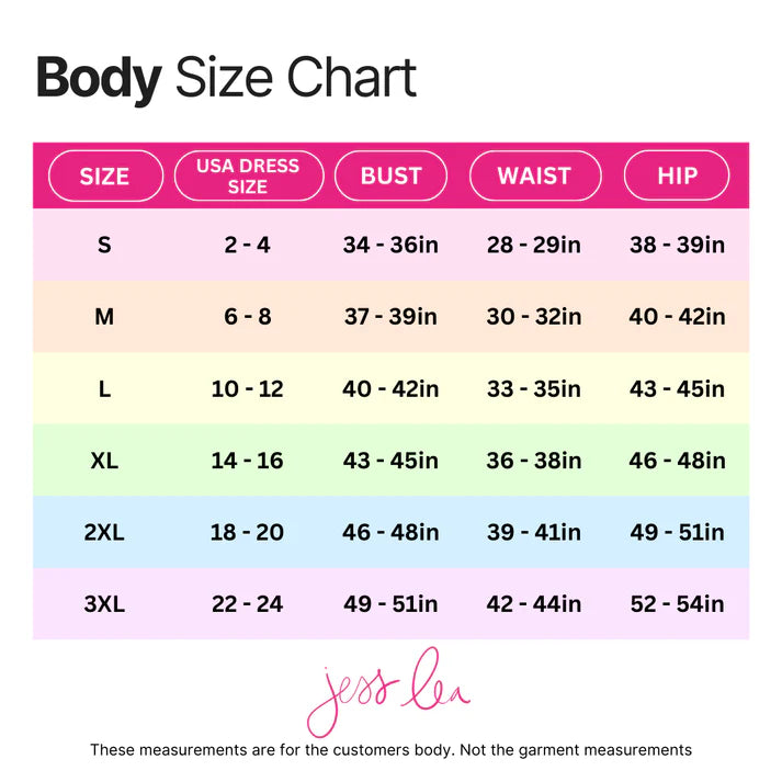 body size chart to help with sizing