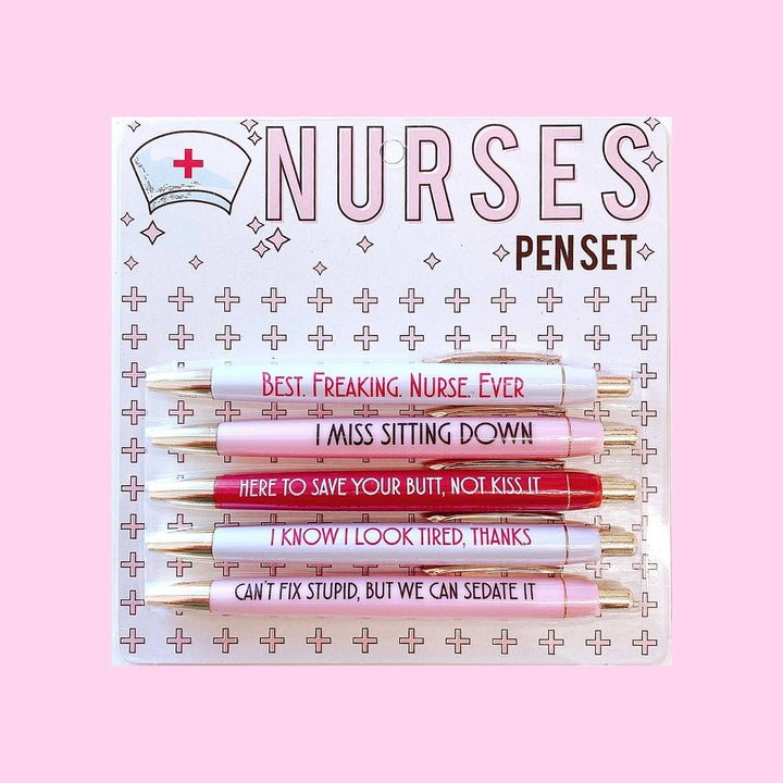Set of five black ink nurse-themed pens with humorous sayings, perfect as a funny and thoughtful gift for nurses and healthcare workers.