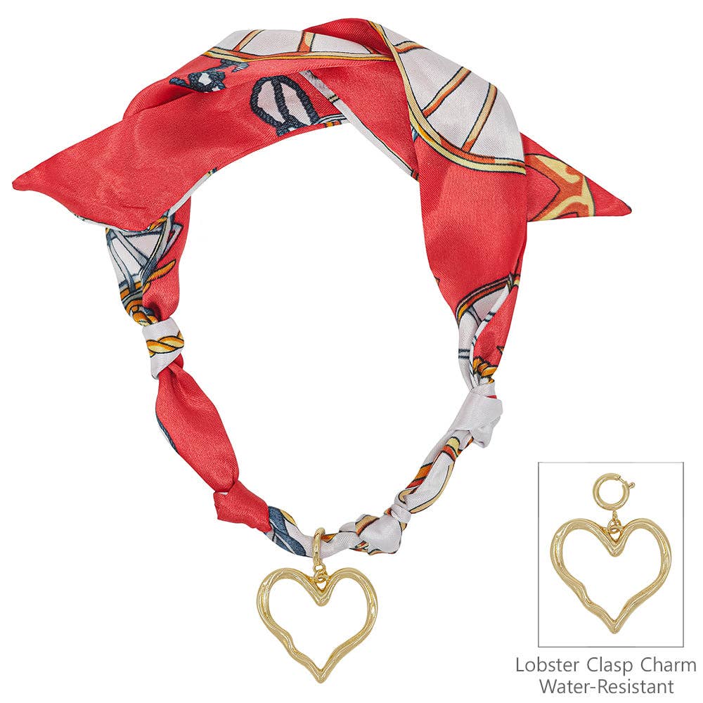 Red and white knotted scarf necklace with removable hammered open heart charm.