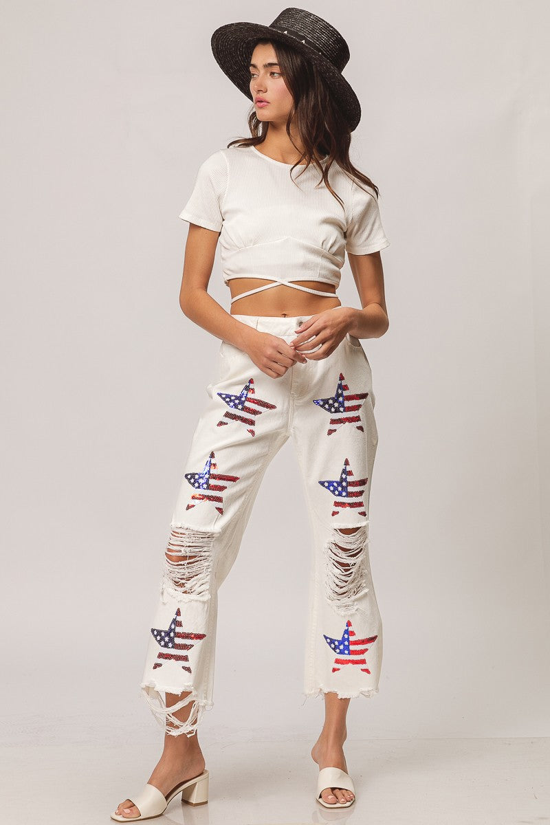 White Sequin American Flag Star Pants