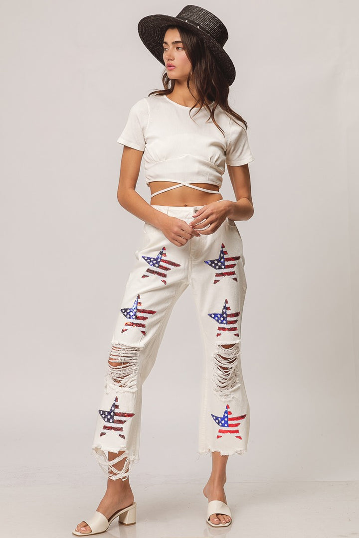 White Sequin American Flag Star Pants