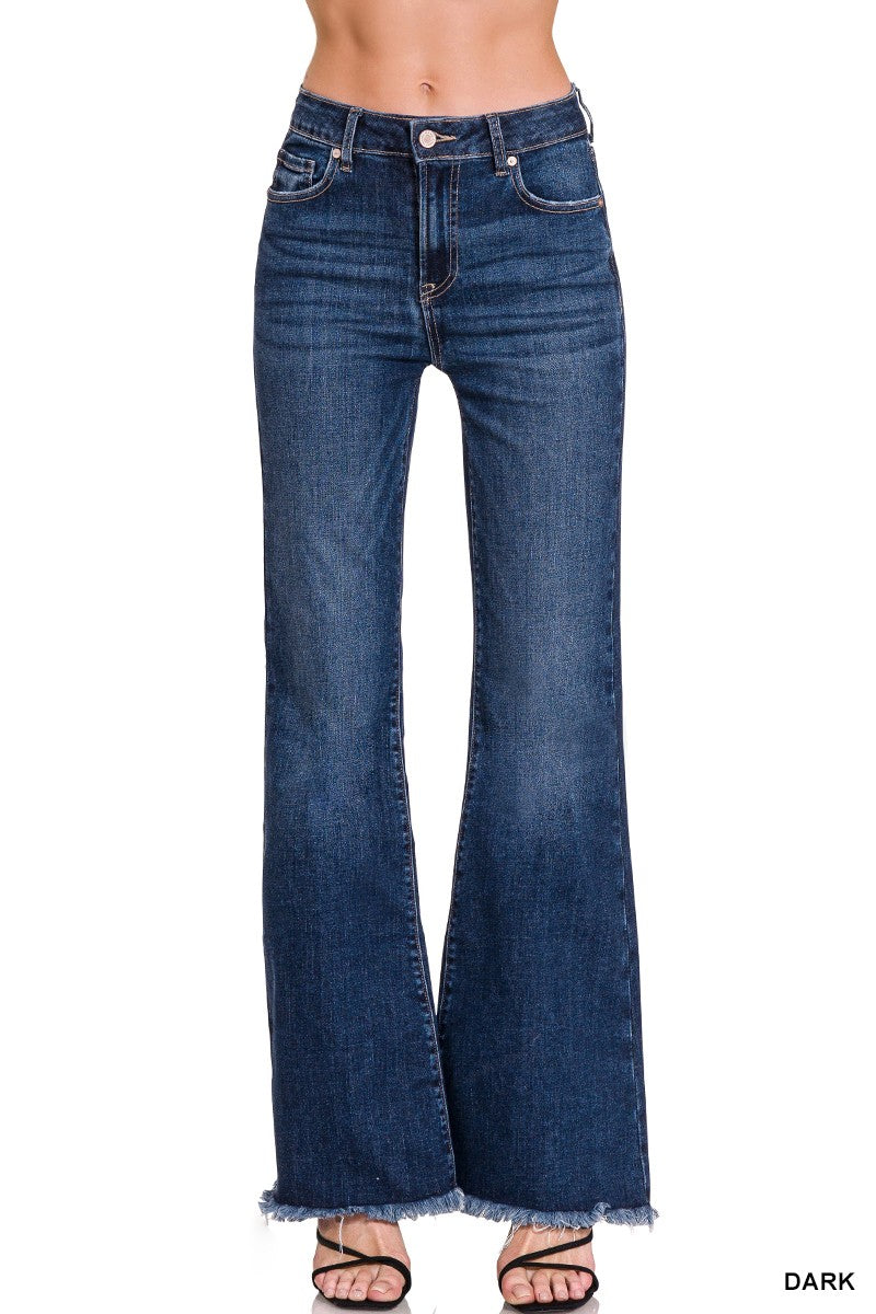 Zenana high rise bell bottom jeans with raw hem, recycled polyester blend, and dramatic 22.50-inch leg opening.